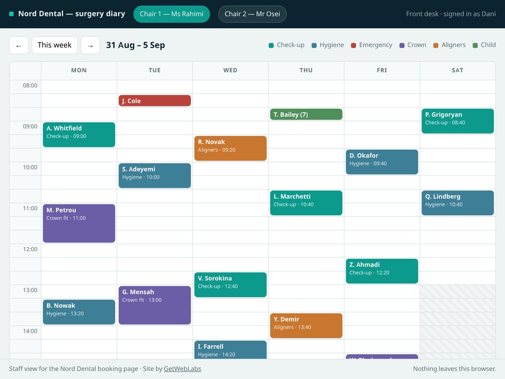 Surgery Diary, the staff view behind a dental booking page
