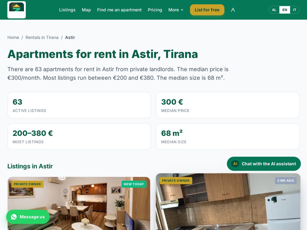 A zone page for rentals in Astir, Tirana