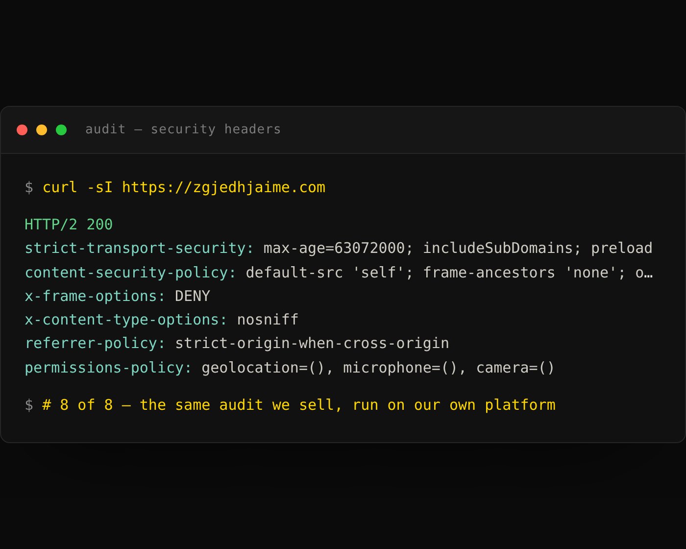 The security headers on our own platform, checked from the command line