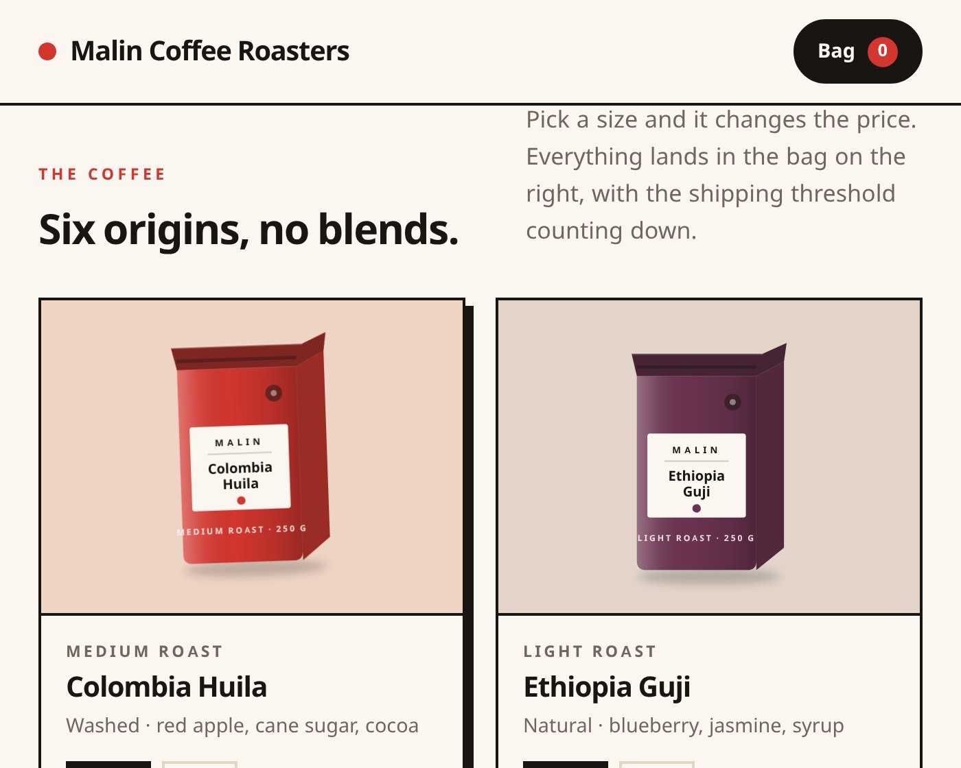 Malin Coffee Roasters — six products, a cart that survives a reload