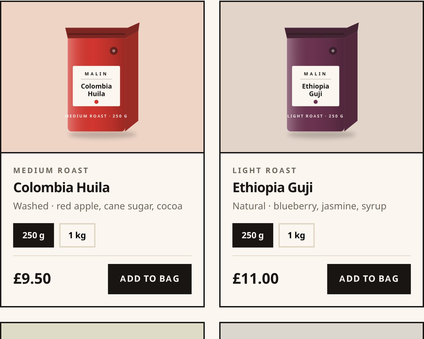 Packaging we drew for Malin Coffee — six origins, one house look