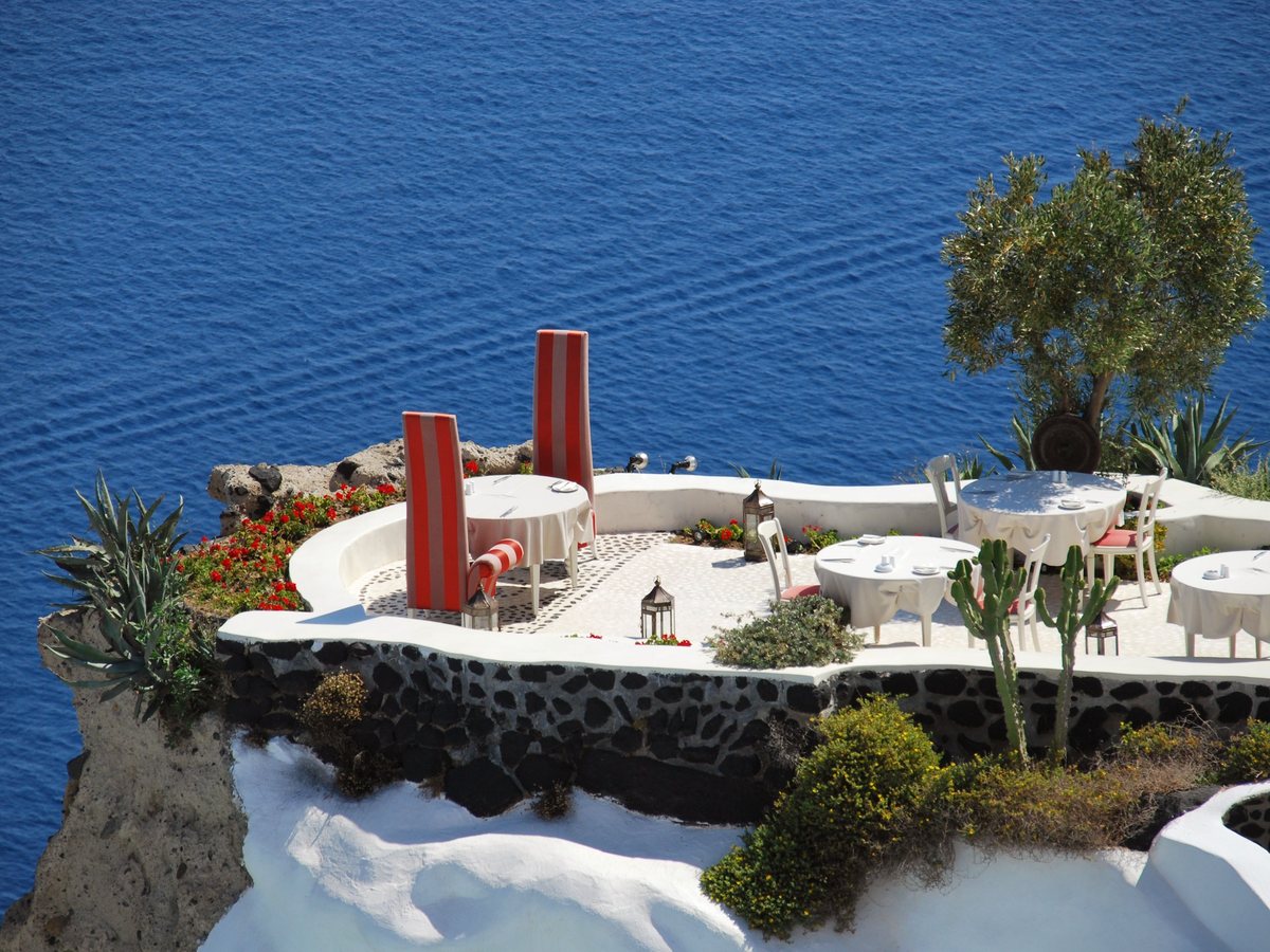 The terrace, cut into the rock above the water